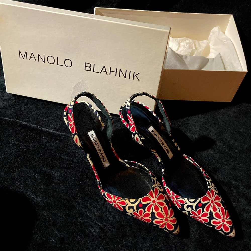 Manolo Blahnik -  Carolyne 049 70 1 Black & Pink Floral fabric - size  37.5